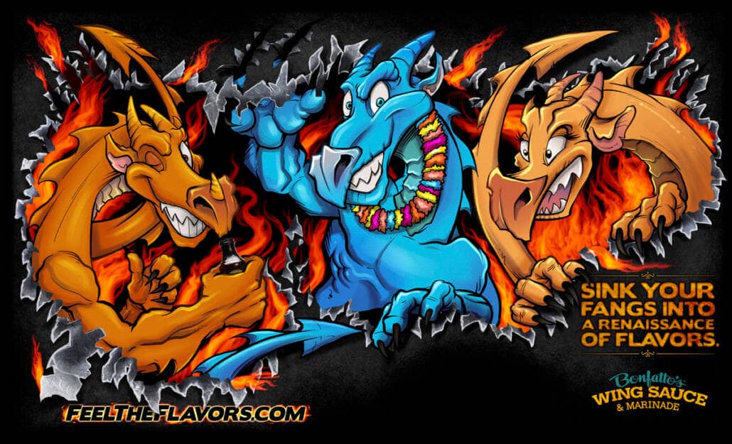 Colorful illustration of dragons holding hot sauce for a vinyl graphic trailer wrap for Bonfattos restaurant.