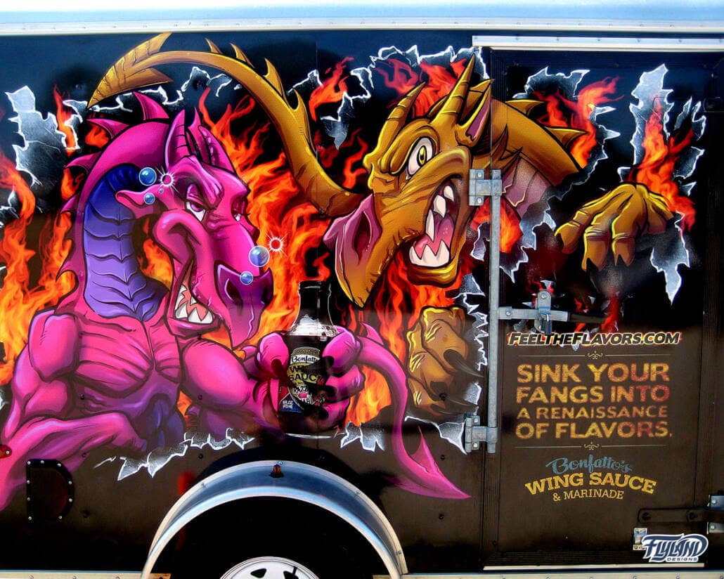 Colorful illustration of dragons holding hot sauce for a vinyl graphic trailer wrap for Bonfattos restaurant.
