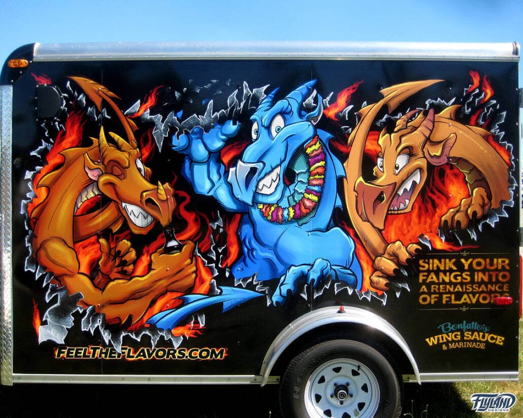 Colorful illustration of dragons holding hot sauce for a vinyl graphic trailer wrap for Bonfattos restaurant.
