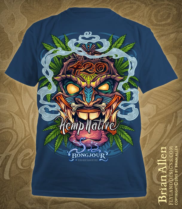 Tiki head t-shirt illustration with marijuana leaves and pot smoke