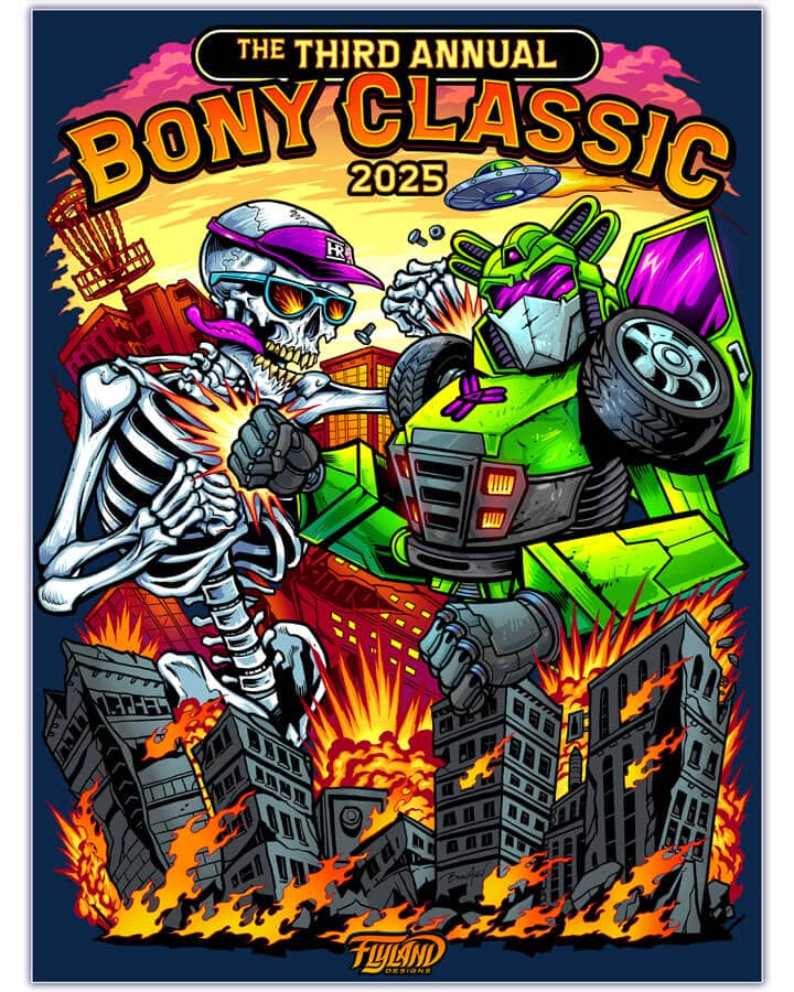 Drawing of a giant skeleton fighting a giant robot for the Bony Classic High Roller Lobster Co Disc Golf Tournament Poster