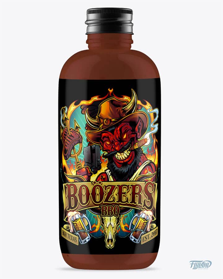Boozers BBQ bottle label design featuring the devil smoking and holding a trident piercing a steak, drawn by artist Brian Allen