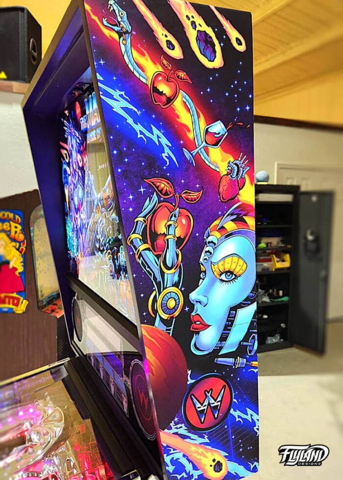 Bride of Pinbot Vinyl wrap for Pinball Machines artwork by Brian Allen. An illsutration of an outerspace drawing with a large woman robot with astroids, and planeits.
