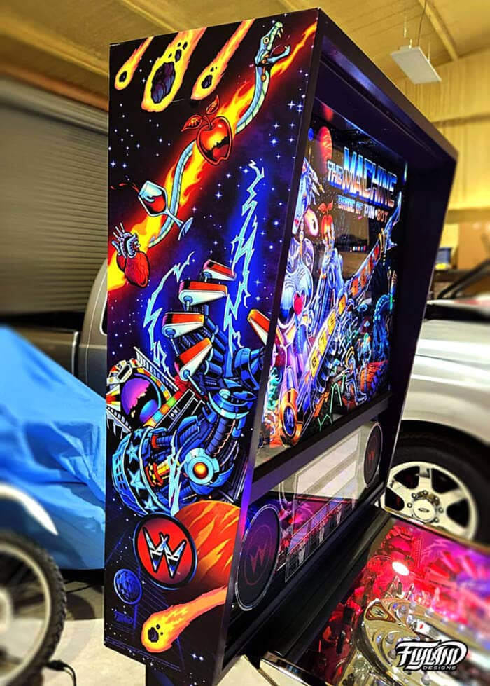 Bride of Pinbot Vinyl wrap for Pinball Machines artwork by Brian Allen. An illsutration of an outerspace drawing with a large woman robot with astroids, and planeits.
