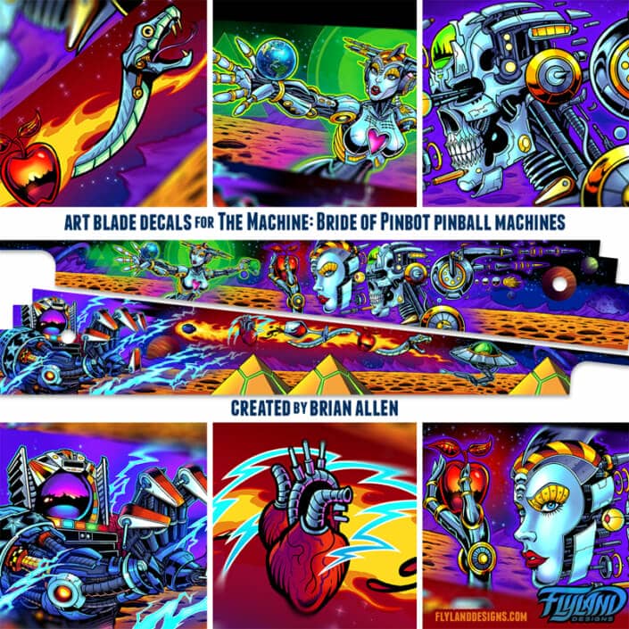 Side Blade artwork created for Bride of Pinbot Pinball machines by Artist Brian Allen. Available as Translites, Acrylic Backglasses, Art Prints, Vinyl Banners, and Side Blade Decals