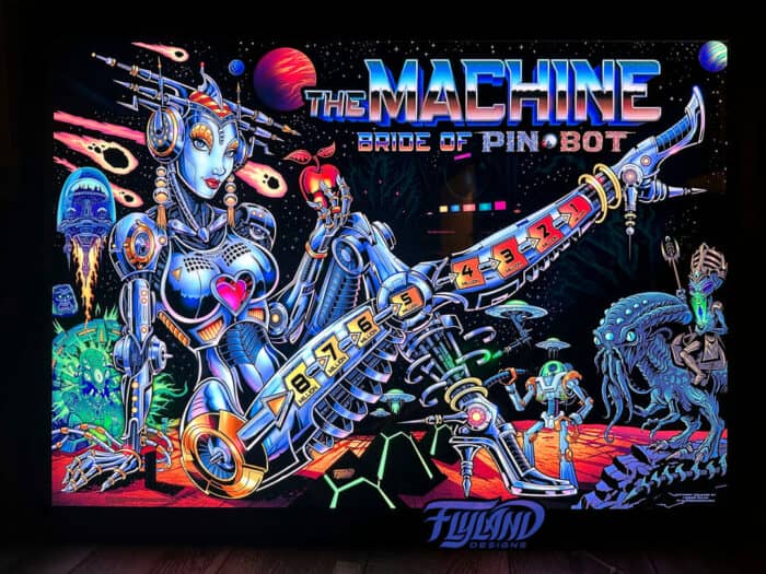 Alternate Translite and Backglass of the popular pinball game The Machine: Bride of Pinbot drawn by artist Brian Allen showing a female robot in space