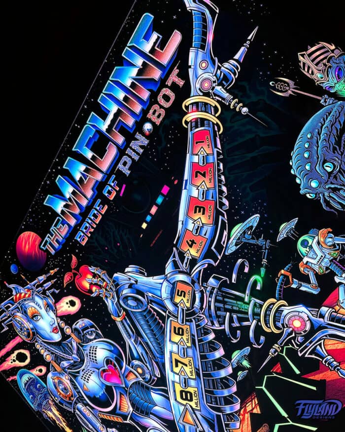 Alternate Translite and Backglass of the popular pinball game The Machine: Bride of Pinbot drawn by artist Brian Allen showing a female robot in space