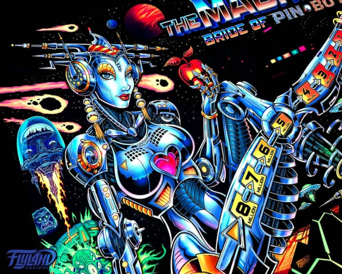 Alternate Translite and Backglass of the popular pinball game The Machine: Bride of Pinbot drawn by artist Brian Allen showing a female robot in space