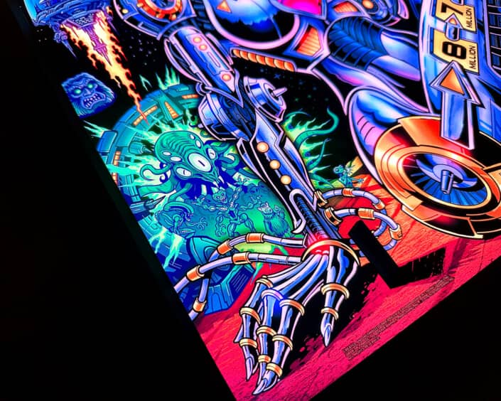 Alternate Translite and Backglass of the popular pinball game The Machine: Bride of Pinbot drawn by artist Brian Allen showing a female robot in space