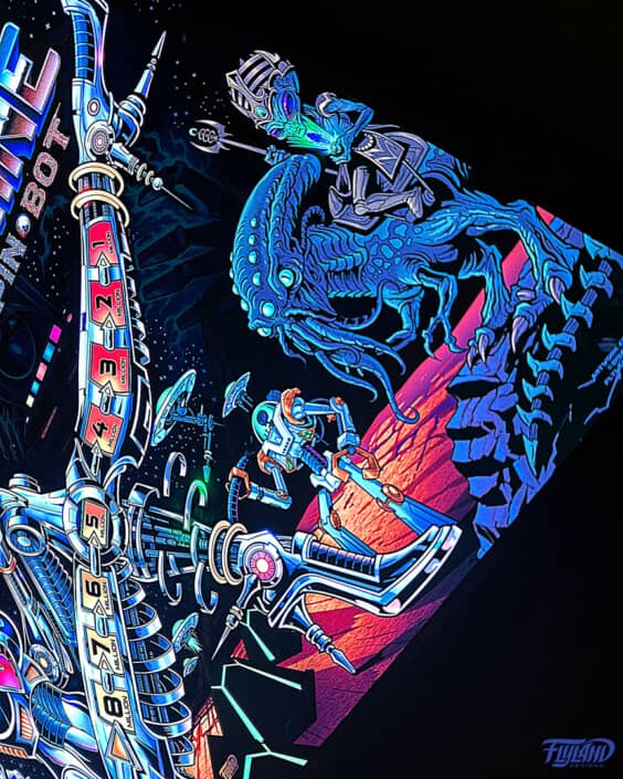 Alternate Translite and Backglass of the popular pinball game The Machine: Bride of Pinbot drawn by artist Brian Allen showing a female robot in space