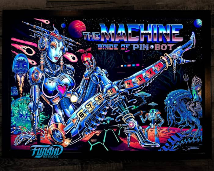 Alternate Translite and Backglass of the popular pinball game The Machine: Bride of Pinbot drawn by artist Brian Allen showing a female robot in space