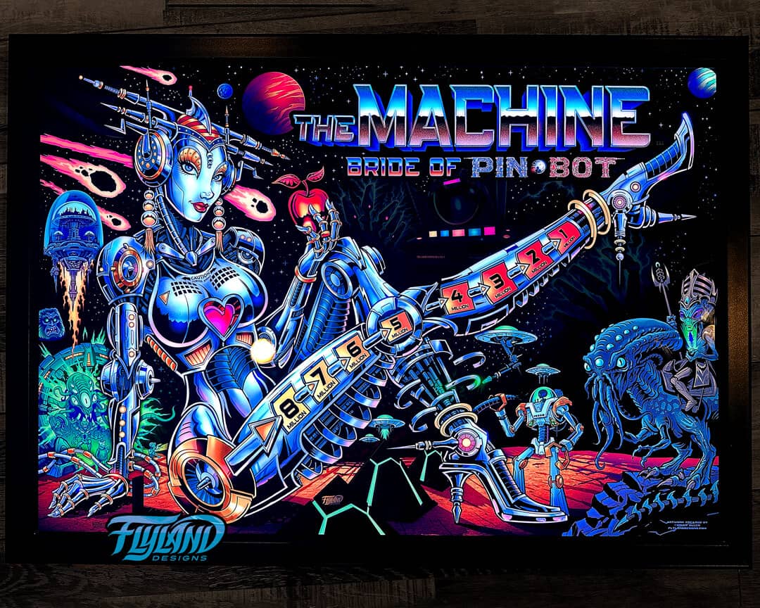 Alternate Translite and Backglass of the popular pinball game The Machine: Bride of Pinbot drawn by artist Brian Allen showing a female robot in space