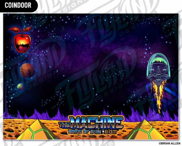 Alternate Translite and Backglass of the popular pinball game The Machine: Bride of Pinbot drawn by artist Brian Allen showing a female robot in space