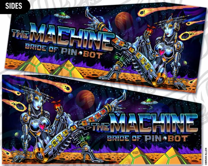 Alternate Translite and Backglass of the popular pinball game The Machine: Bride of Pinbot drawn by artist Brian Allen showing a female robot in space