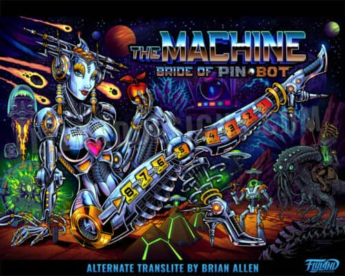 Alternate Translite and Backglass of the popular pinball game The Machine: Bride of Pinbot drawn by artist Brian Allen showing a female robot in space