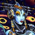 Alternate Translite and Backglass of the popular pinball game The Machine: Bride of Pinbot drawn by artist Brian Allen showing a female robot in space