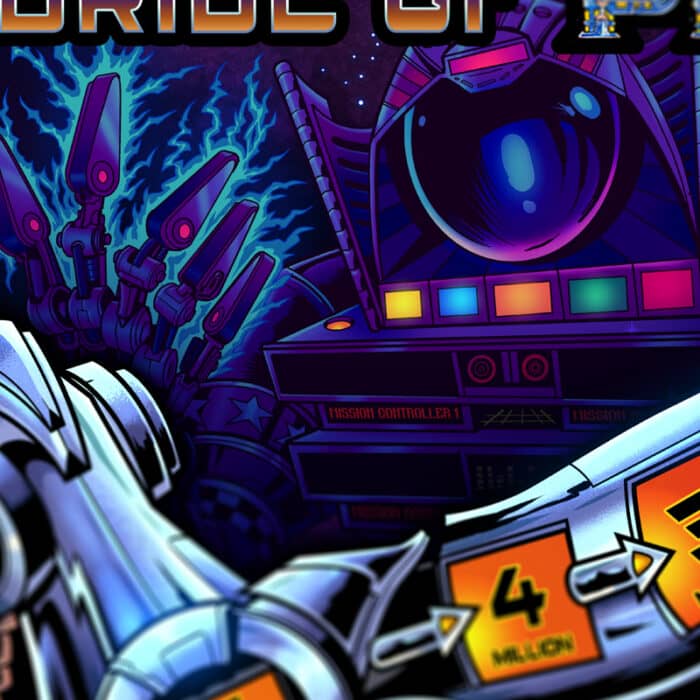 Alternate Translite and Backglass of the popular pinball game The Machine: Bride of Pinbot drawn by artist Brian Allen showing a female robot in space