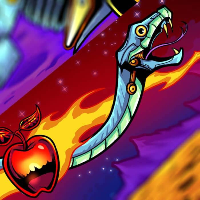 Side Blade artwork created for Bride of Pinbot Pinball machines by Artist Brian Allen. Available as Translites, Acrylic Backglasses, Art Prints, Vinyl Banners, and Side Blade Decals
