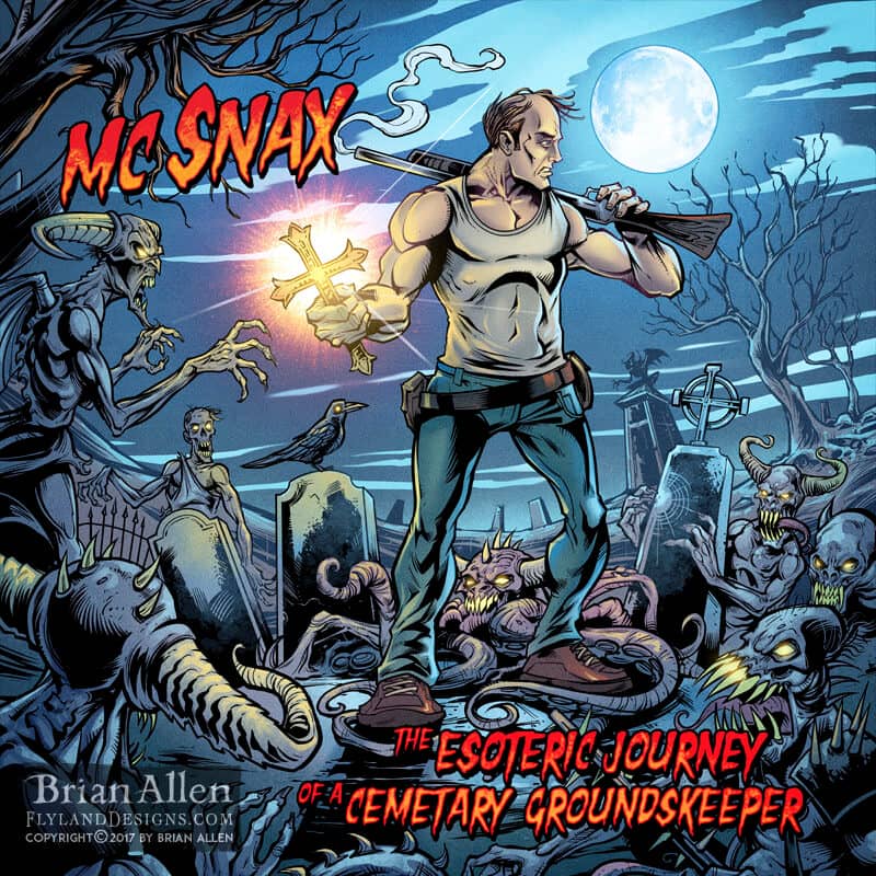 Album cover for McSnax The Esoteric Cemetery Groundskeeper"
Artwork by Brian Allen, Flyland Designs