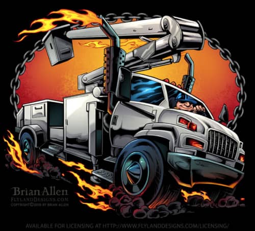 Stylized illustration of a bucket utility truck for a power company