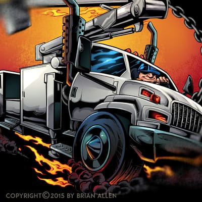 Stylized illustration of a bucket utility truck for a power company