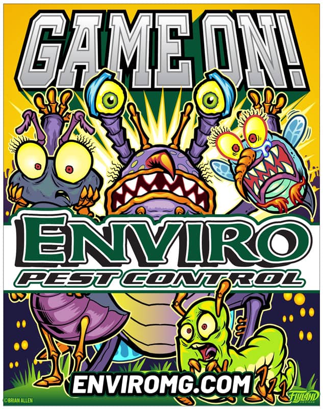 Company logo designed Enviro Pest control featuring brightly colored  bugs such as a fly, inchworm, ant, and slug looking scared.