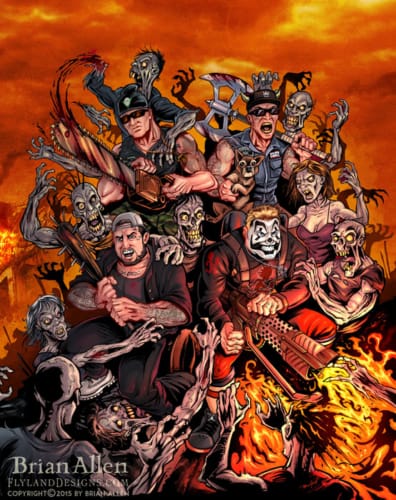 Illustration of comic book style hip-hop artists fighting a horde of zombies