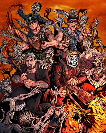 Multiple popular hip hop artists slaying a mob of vicious zombies.
Artwork by Brian Allen, Flyland Designs