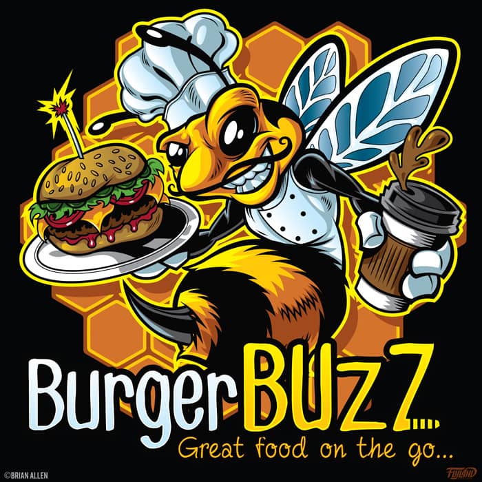 a chef bee serving a burger and coffee while wearing a chefs hat