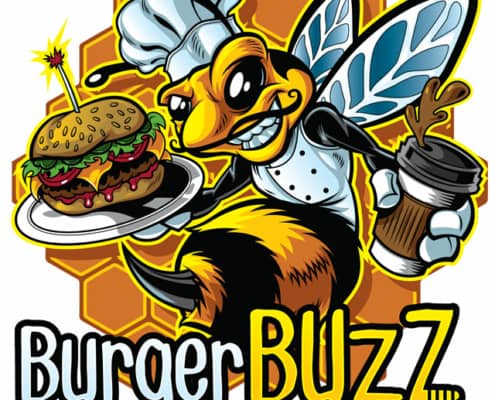 A chef bee serving a burger and a coffee.