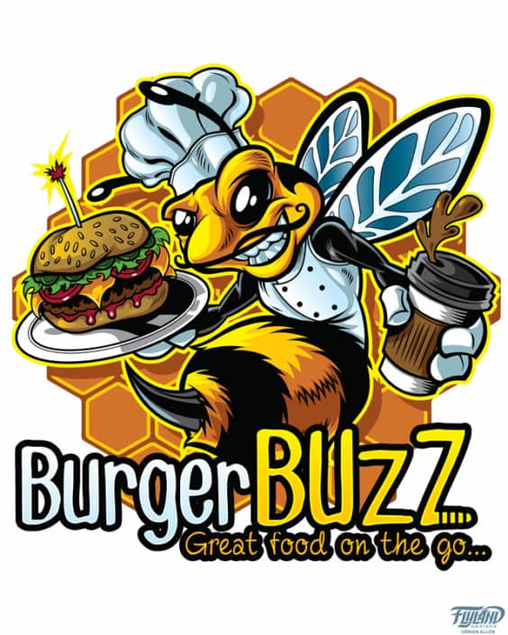 A chef bee serving a burger and a coffee.