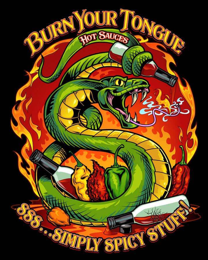 Burn Your Tongue hot sauce bottle design featuring a snake surrounded by flames and holding a hot sauce bottle, drawn by artist Brian Allen