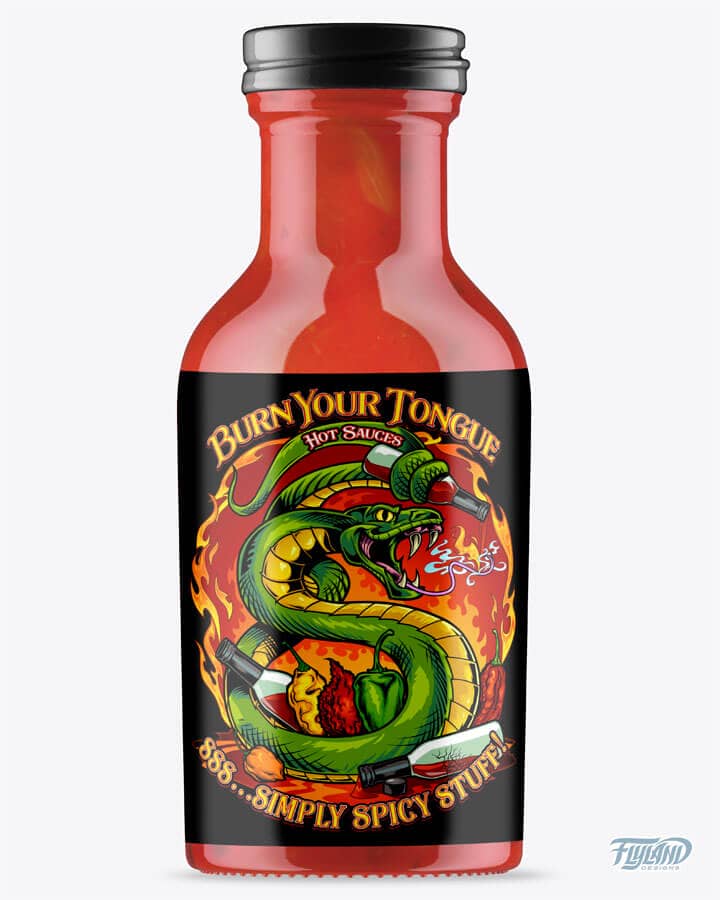 Burn Your Tongue hot sauce bottle design featuring a snake surrounded by flames and holding a hot sauce bottle, drawn by artist Brian Allen