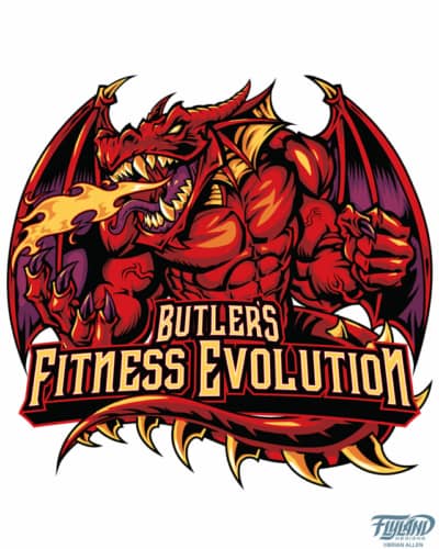 Buttler’s Fitness Evolution logo is that of a muscular red dragon breathing fire.