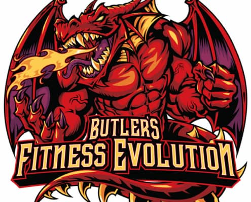 Buttler’s Fitness Evolution logo is that of a muscular red dragon breathing fire.