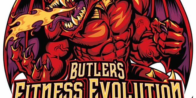 Buttler’s Fitness Evolution logo is that of a muscular red dragon breathing fire.