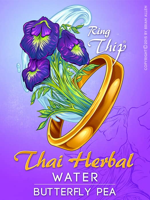 Ring Thip Thai Thai label featuring a purple butterfly pea flower in a golden ring. Designed by Brian Allen Flyland designs.