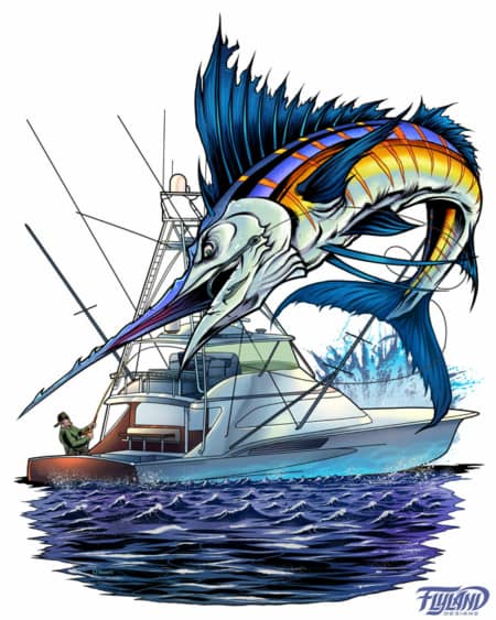 An illustration of a fisherman catching a large marlin from his boat on the ocean.