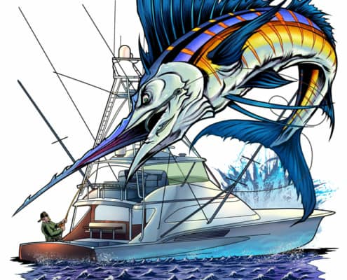 An illustration of a fisherman catching a large marlin from his boat on the ocean.