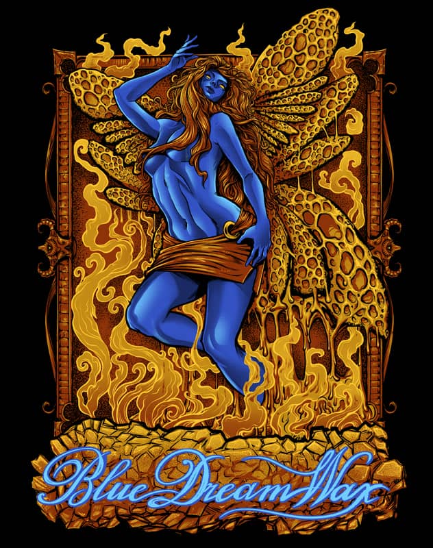 Illustration of a blue fairy with wings in front of oil and wax