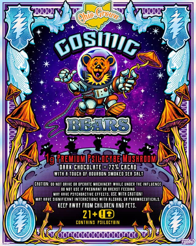 Cosmic Bear shroom space theme packaging design featuring an astronaut bear holding a mushroom, drawn by artist Brian Allen