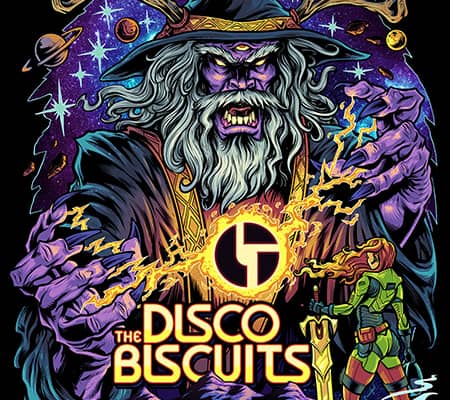 Poster designed for the Disco Biscuits featuring a wizard in space