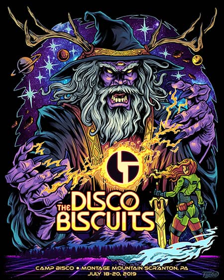 Poster designed for the Disco Biscuits featuring a wizard in space