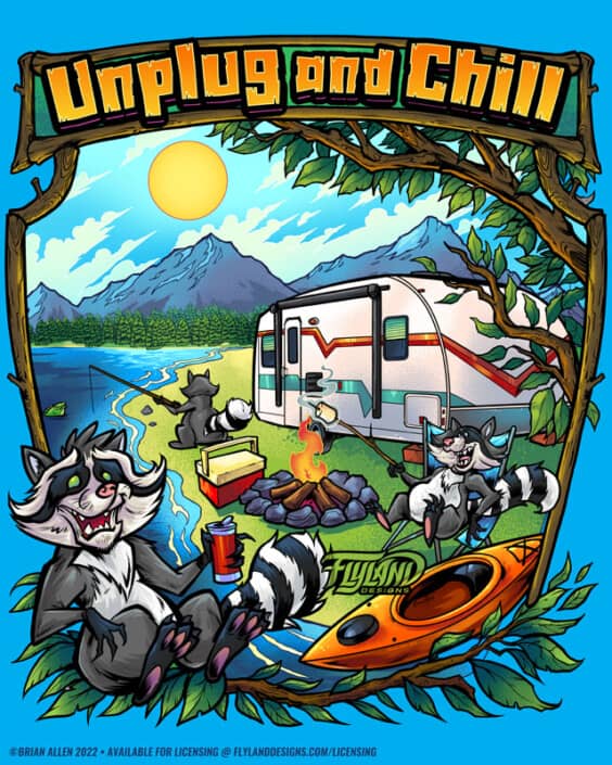 Racoons Campimg Fishing Artwork