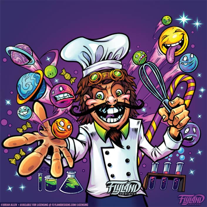 A crazed chef combines cooking, candy, and science. illustration by Brian Allen