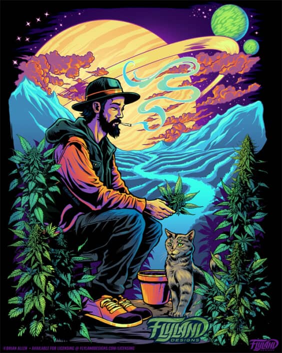 A cannabis farmer sits smoking with his cat in outer space illustration by Brian Allen