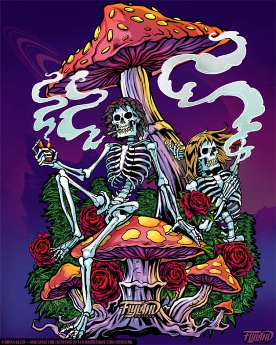 Two skeletons are surrounded by mushrooms and roses while they smoke illustration by Brian Allen