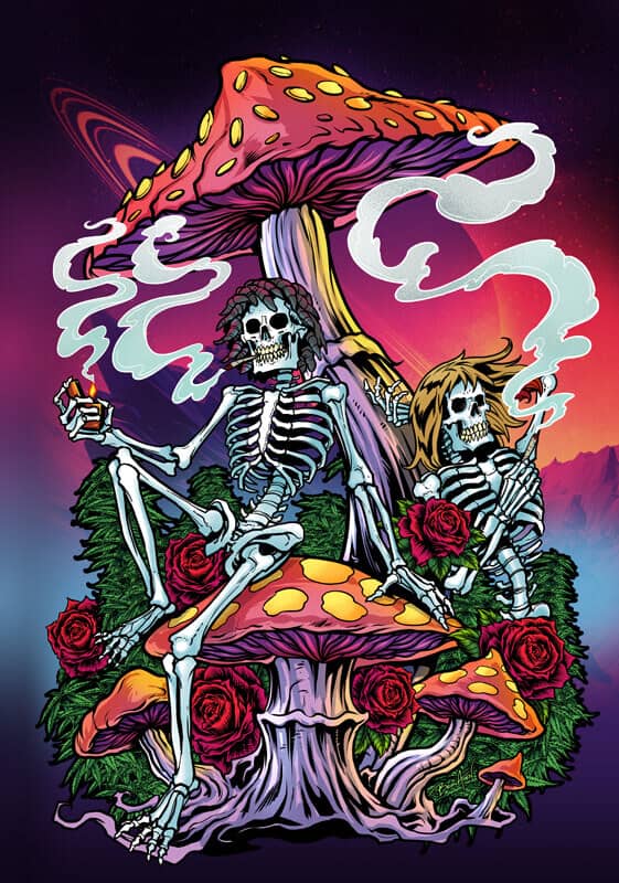 Rolling tray design with mushrooms, marijuana plants, and skeletons smoking, drawn by artist Brian Allen