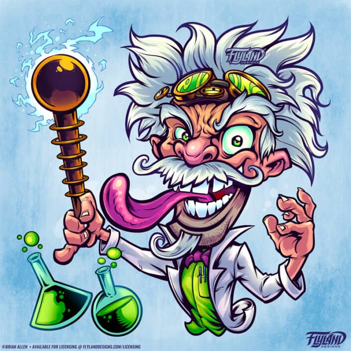 A mad scientist with white hair has test tubes and beakers filled with neon green liquid. Illustration by Brian Allen.