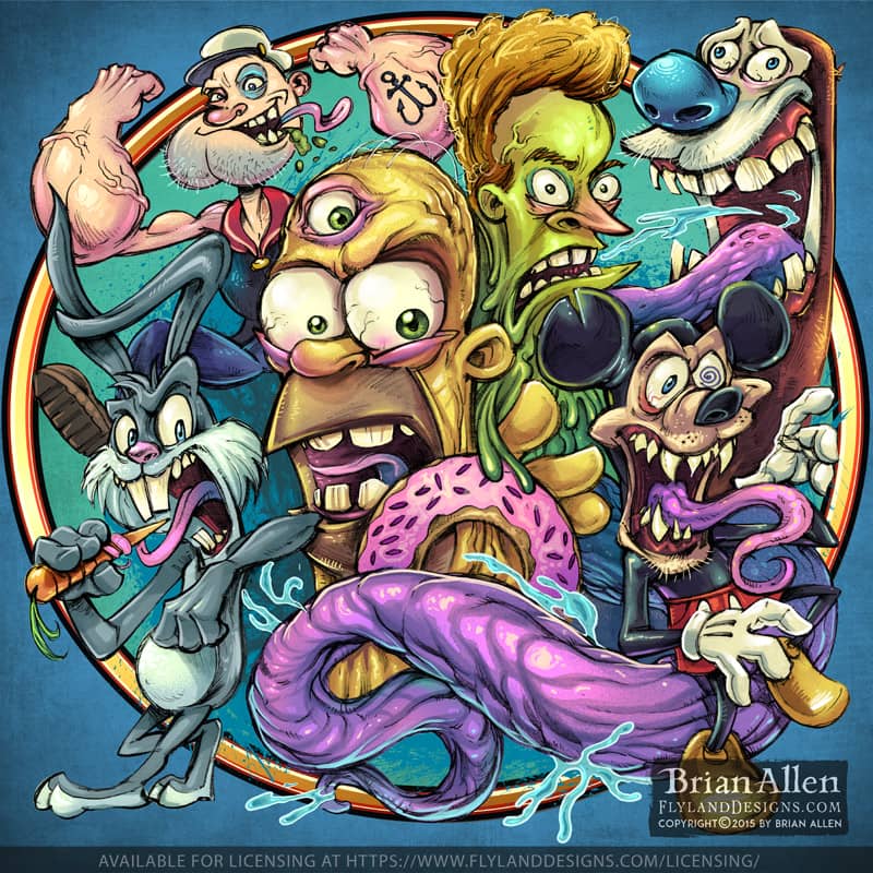 A grotesque image of classic cartoon characters including Homer Simpson, Bugs Bunny, Popeye the Sailor Man, Beavus, Ren, and a certain famous mouse.